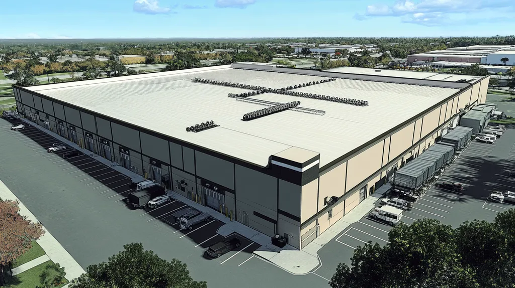 A commercial roof on a warehouse in a location similar to Tampa with a comic book style aesthetic (AI image)