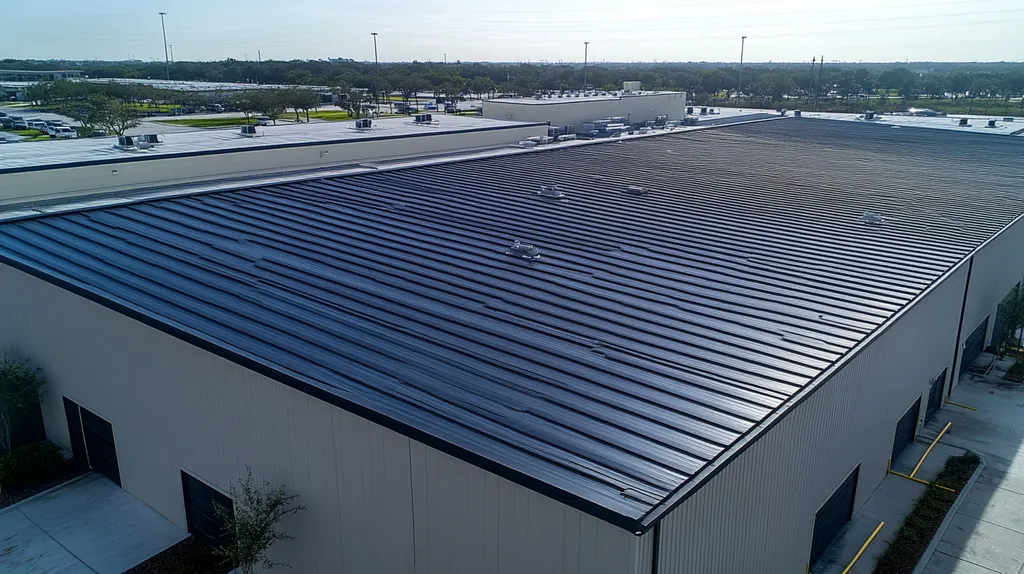 A commercial roof on a warehouse in a location similar to Tampa with a rainy day aesthetic (AI image)