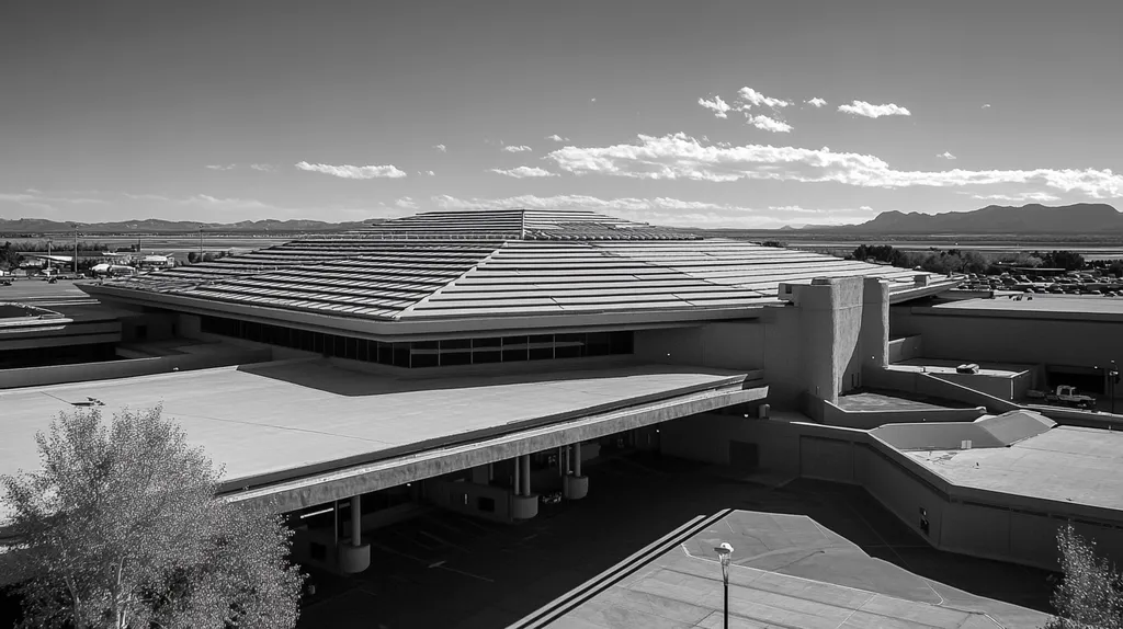 A commercial roof on an airport terminal in a location similar to Santa Fe with a black and white photography aesthetic (AI image)