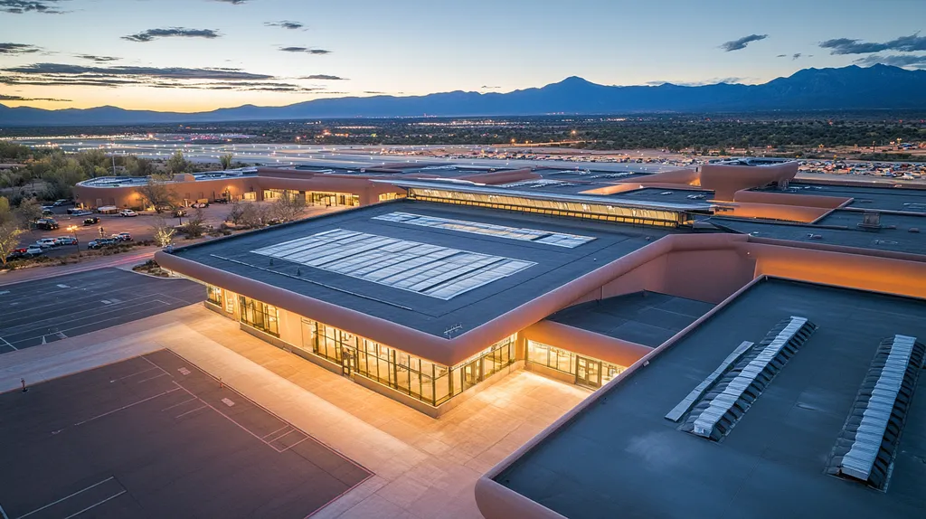 A commercial roof on an airport terminal in a location similar to Santa Fe with an illuminated nightscape aesthetic (AI image)