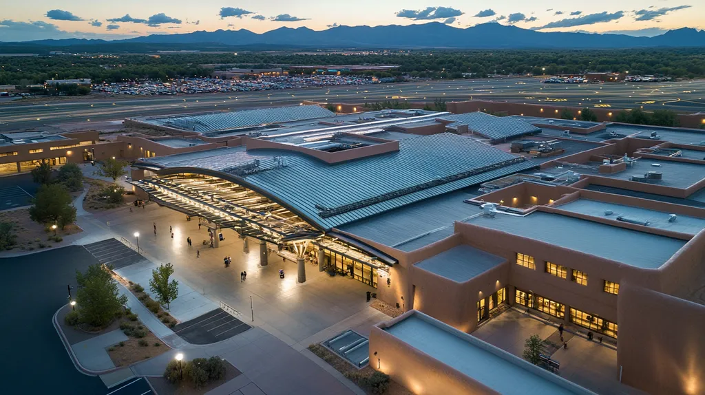 A commercial roof on an airport terminal in a location similar to Santa Fe with an illuminated nightscape aesthetic (AI image)