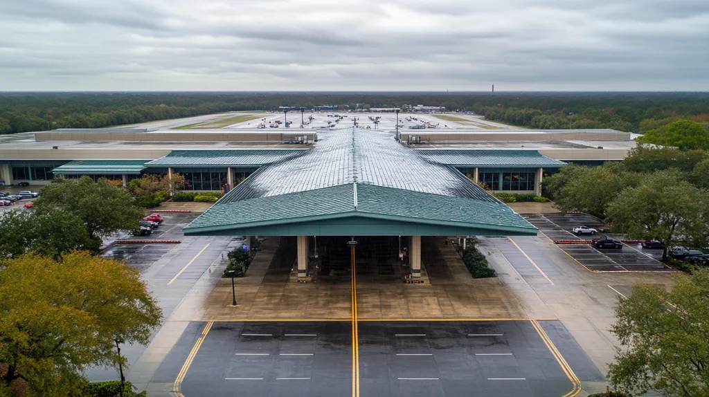 A commercial roof on an airport terminal in a location similar to Savannah with a rainy day aesthetic (AI image)