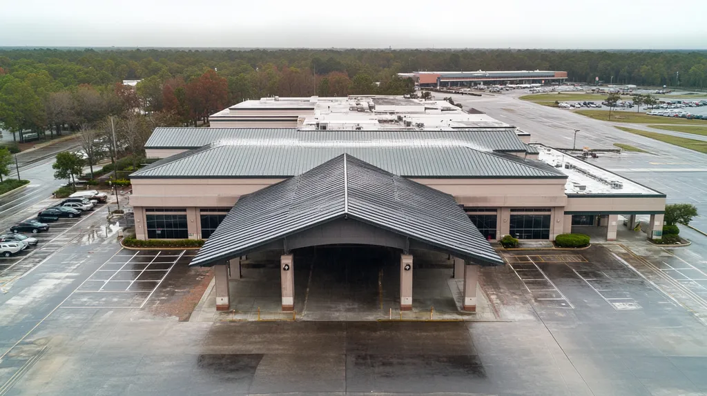 A commercial roof on an airport terminal in a location similar to Savannah with a rainy day aesthetic (AI image)