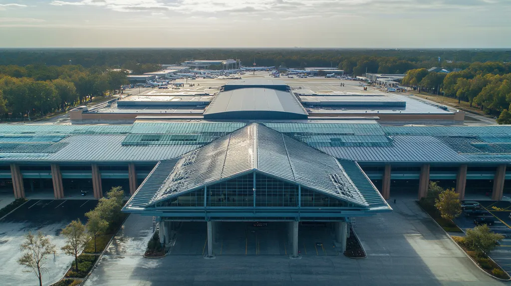 A commercial roof on an airport terminal in a location similar to Savannah with a rainy day aesthetic (AI image)