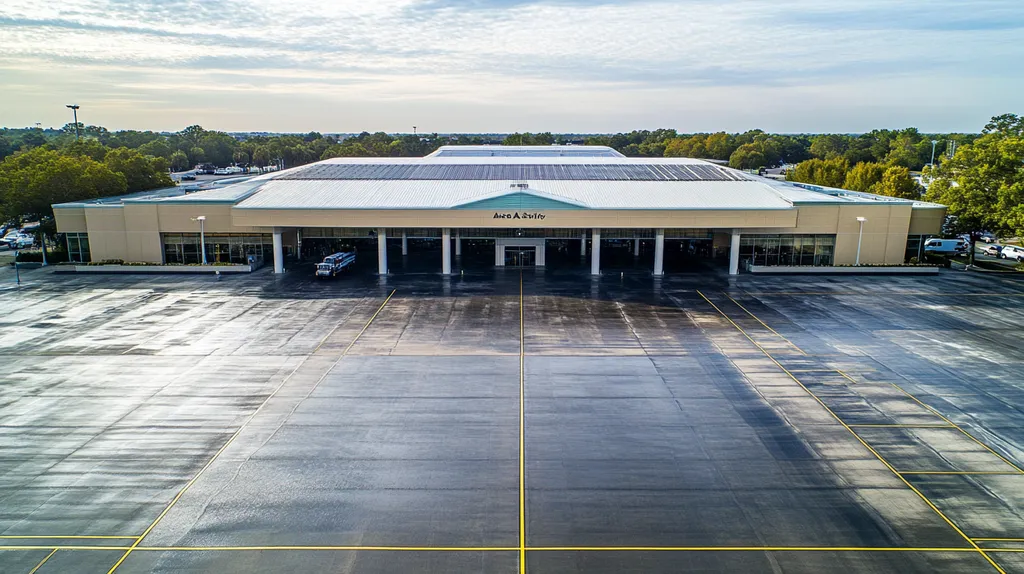 A commercial roof on an airport terminal in a location similar to Savannah with a rainy day aesthetic (AI image)