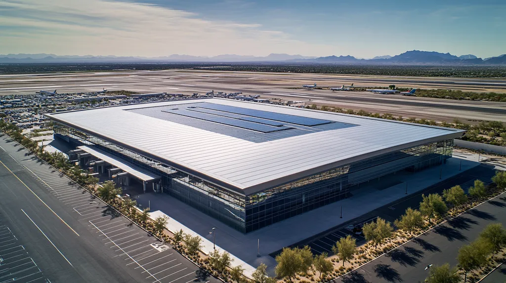 A commercial roof on an airport terminal in a location similar to Scottsdale with an architectural photography aesthetic (AI image)