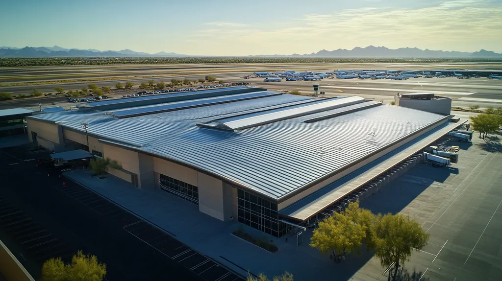 A commercial roof on an airport terminal in a location similar to Scottsdale with an architectural photography aesthetic (AI image)