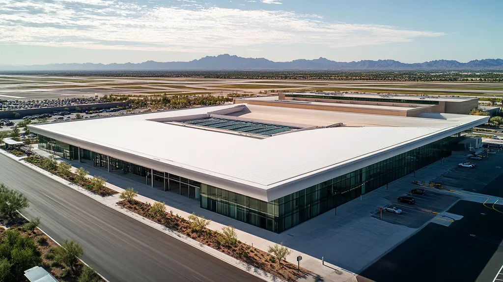 A commercial roof on an airport terminal in a location similar to Scottsdale with an architectural photography aesthetic (AI image)