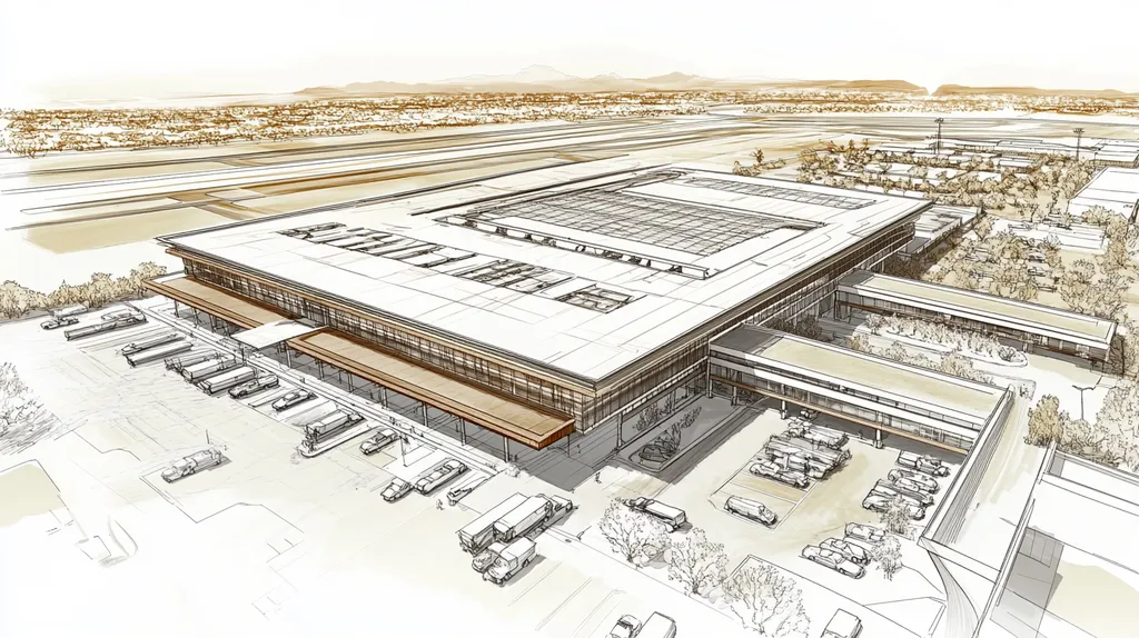 A commercial roof on an airport terminal in a location similar to Scottsdale with an architectural sketch rendering aesthetic (AI image)