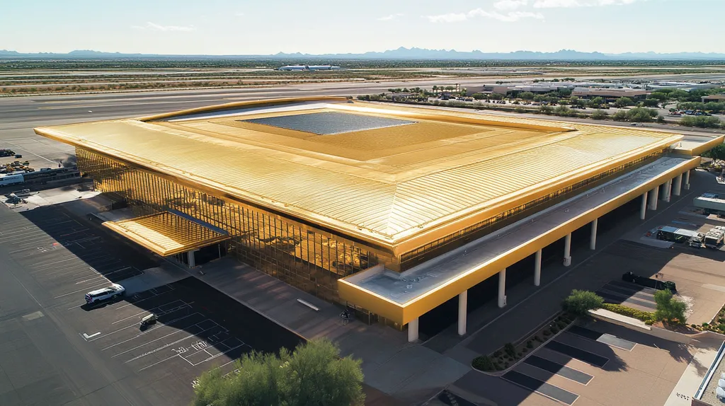 A commercial roof on an airport terminal in a location similar to Scottsdale with a solid gold aesthetic (AI image)
