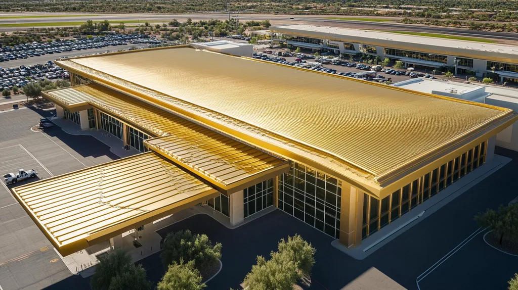 A commercial roof on an airport terminal in a location similar to Scottsdale with a solid gold aesthetic (AI image)