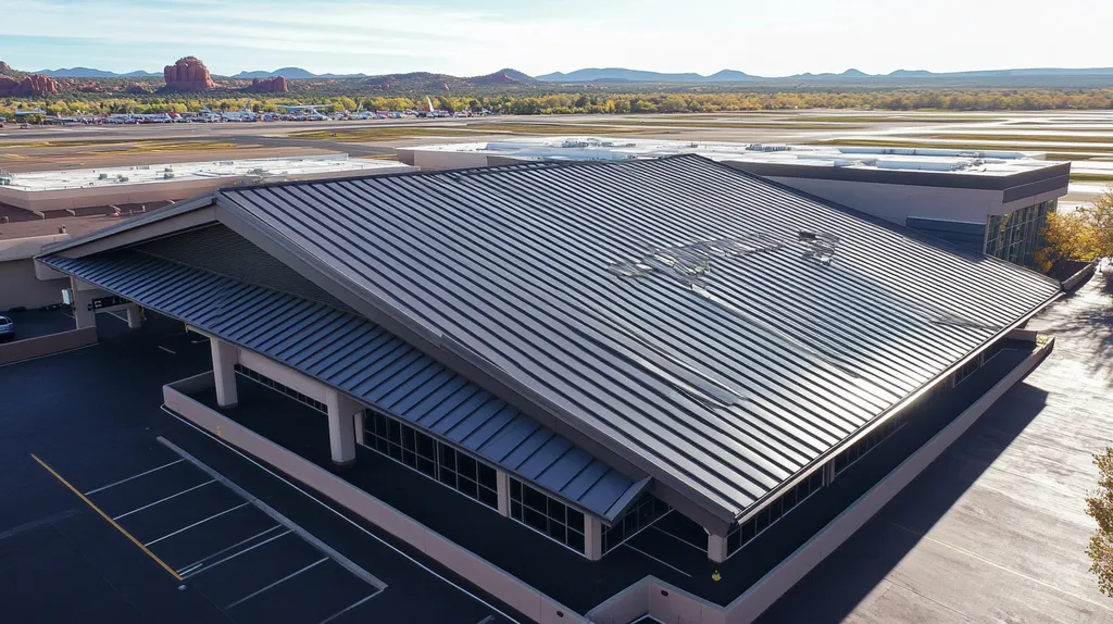 A commercial roof on an airport terminal in a location similar to Sedona with a color highlight aesthetic (AI image)