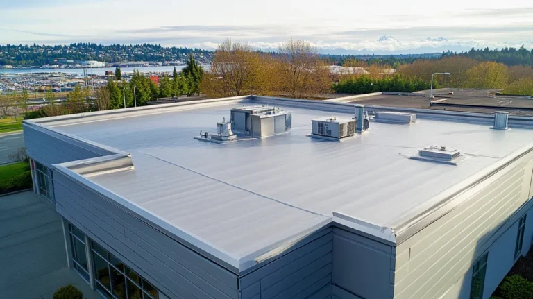 A commercial roof on a bank in a location similar to Seattle with a stainless steel aesthetic (AI image)