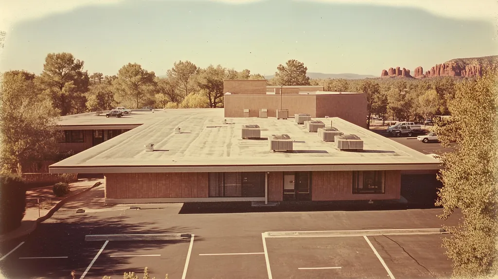 A commercial roof on a bank in a location similar to Sedona with a Polaroid aesthetic (AI image)
