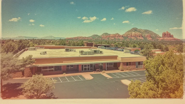 A commercial roof on a bank in a location similar to Sedona with a Polaroid aesthetic (AI image)