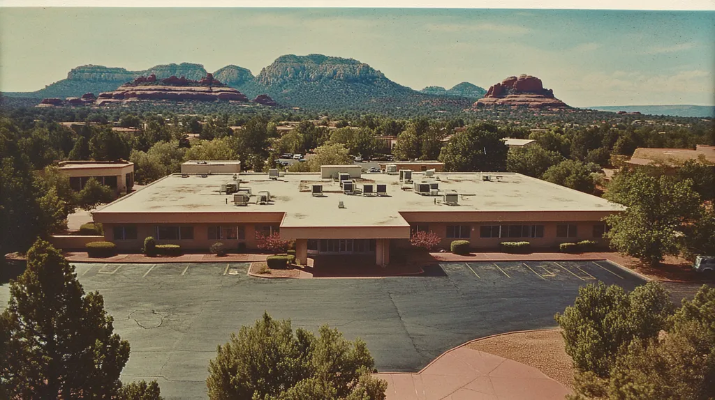 A commercial roof on a bank in a location similar to Sedona with a Polaroid aesthetic (AI image)