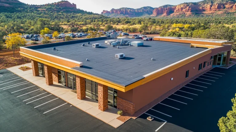 A commercial roof on a bank in a location similar to Sedona with an architectural photography aesthetic (AI image)