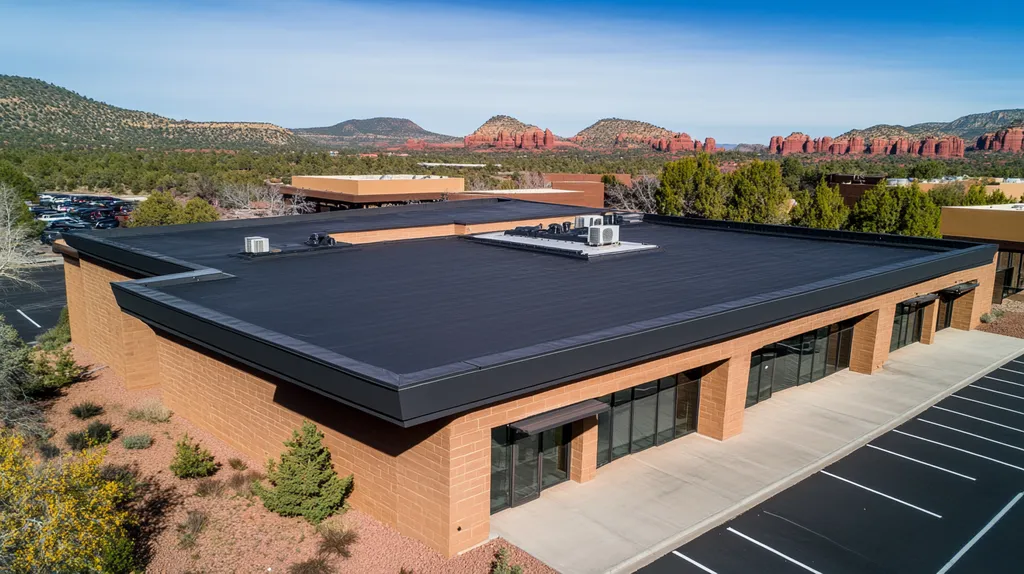 A commercial roof on a bank in a location similar to Sedona with an architectural photography aesthetic (AI image)
