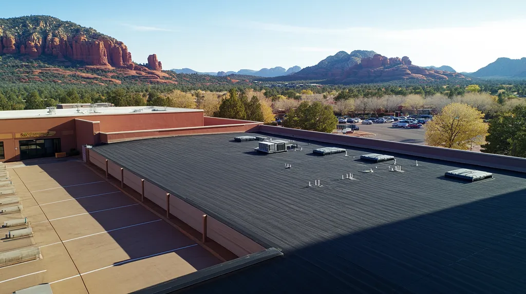 A commercial roof on a bank in a location similar to Sedona with an architectural photography aesthetic (AI image)