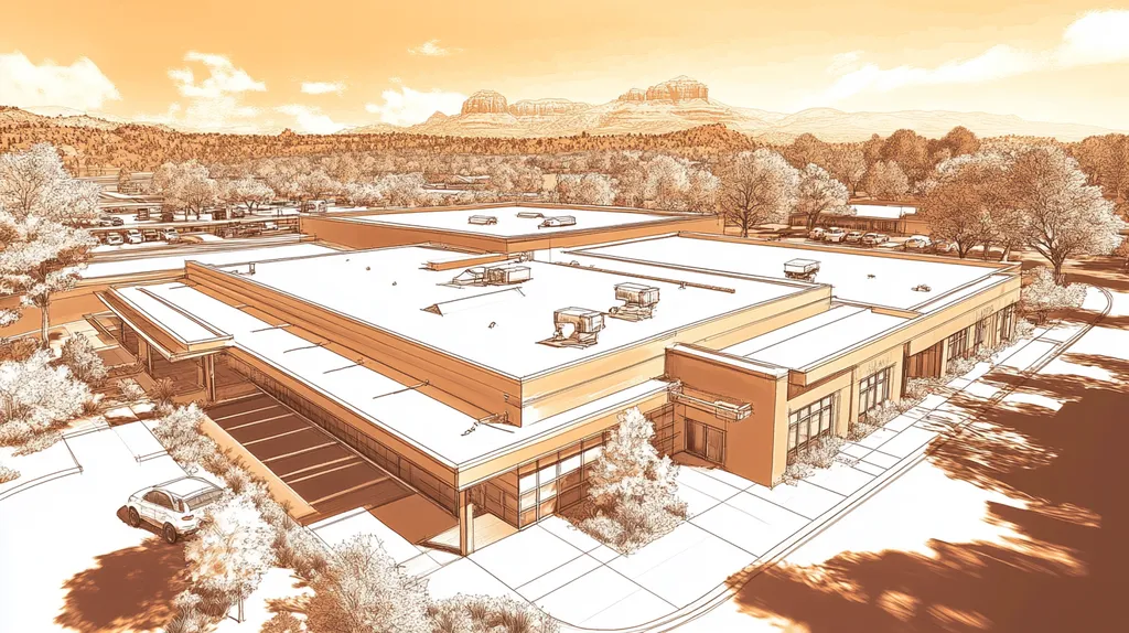 A commercial roof on a bank in a location similar to Sedona with an architectural sketch rendering aesthetic (AI image)