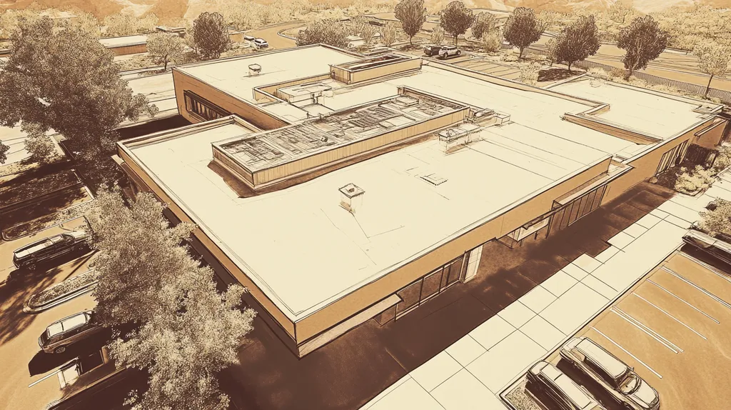 A commercial roof on a bank in a location similar to Sedona with an architectural sketch rendering aesthetic (AI image)