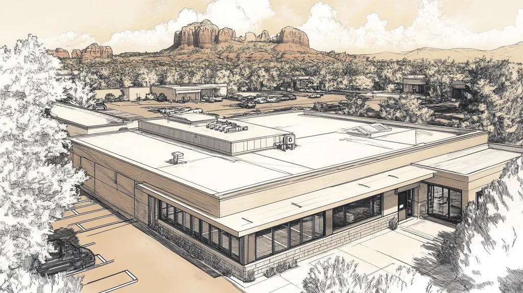 A commercial roof on a bank in a location similar to Sedona with an architectural sketch rendering aesthetic (AI image)