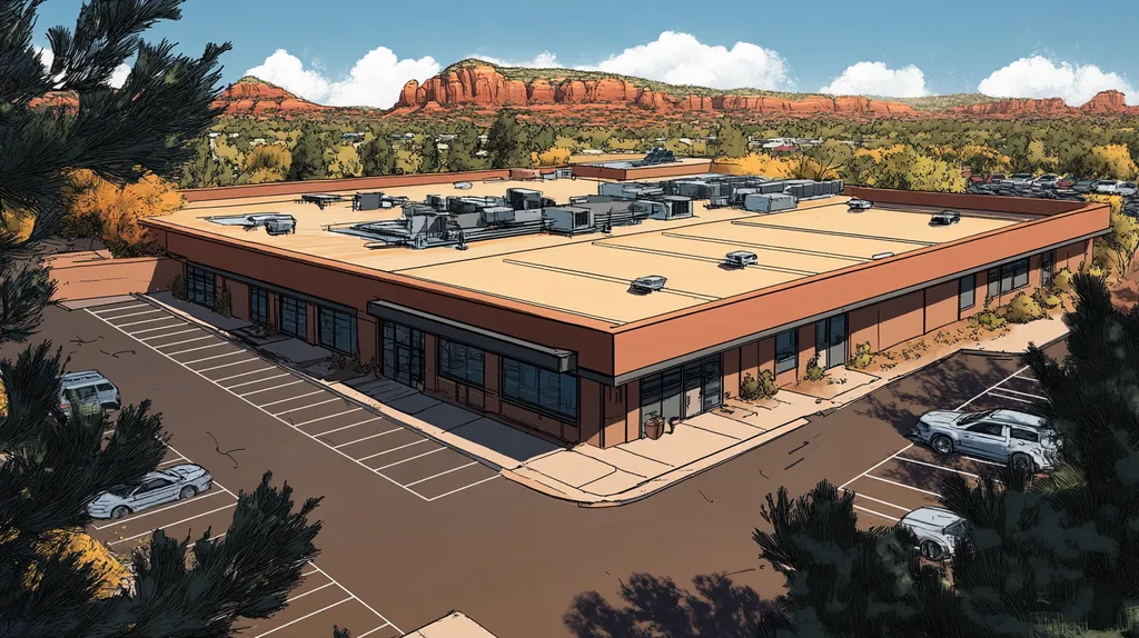 A commercial roof on a bank in a location similar to Sedona with a comic book style aesthetic (AI image)