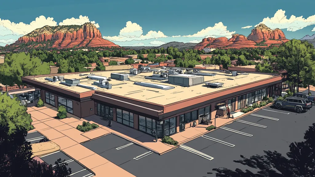 A commercial roof on a bank in a location similar to Sedona with a comic book style aesthetic (AI image)