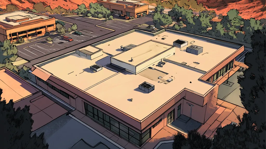 A commercial roof on a bank in a location similar to Sedona with a comic book style aesthetic (AI image)