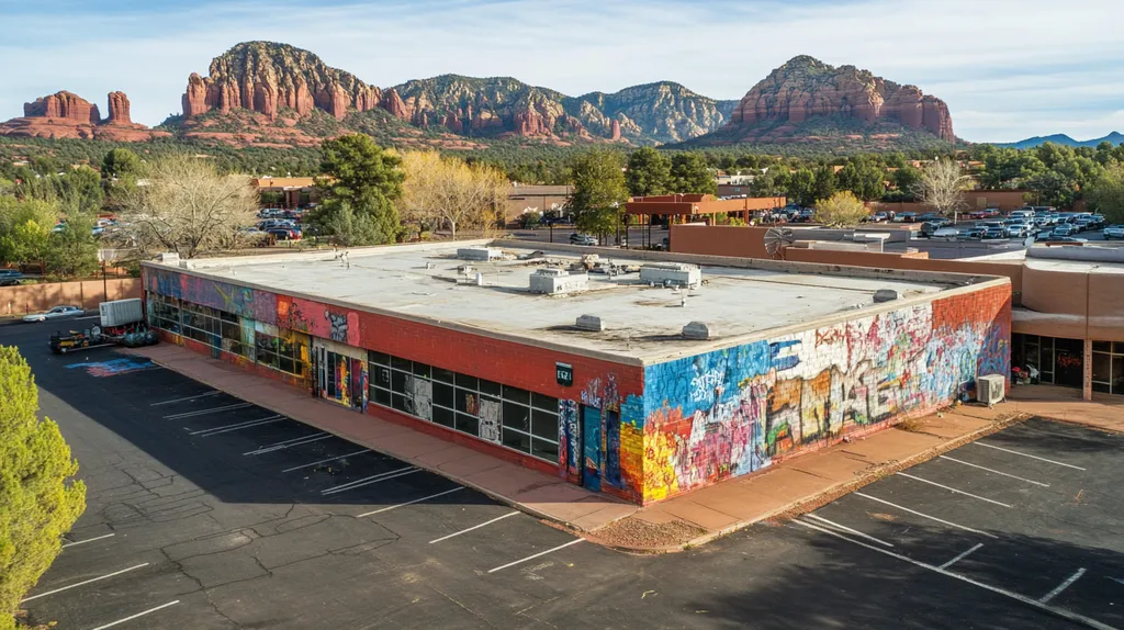 A commercial roof on a bank in a location similar to Sedona with a graffiti mural aesthetic (AI image)