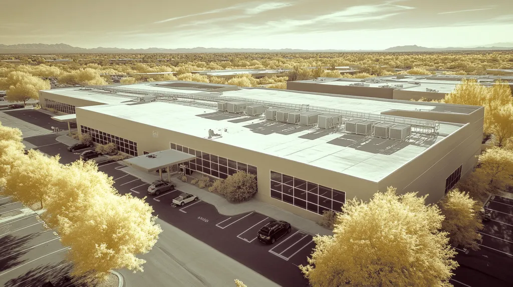 A commercial roof on a call center in a location similar to Scottsdale with an infrared photography aesthetic (AI image)