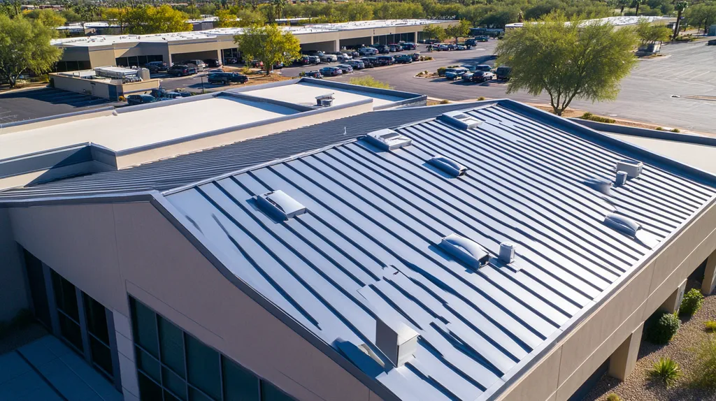 A commercial roof on a call center in a location similar to Scottsdale with a stainless steel aesthetic (AI image)