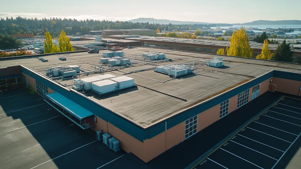 A commercial roof on a call center in a location similar to Seattle with a cross processed look aesthetic (AI image)