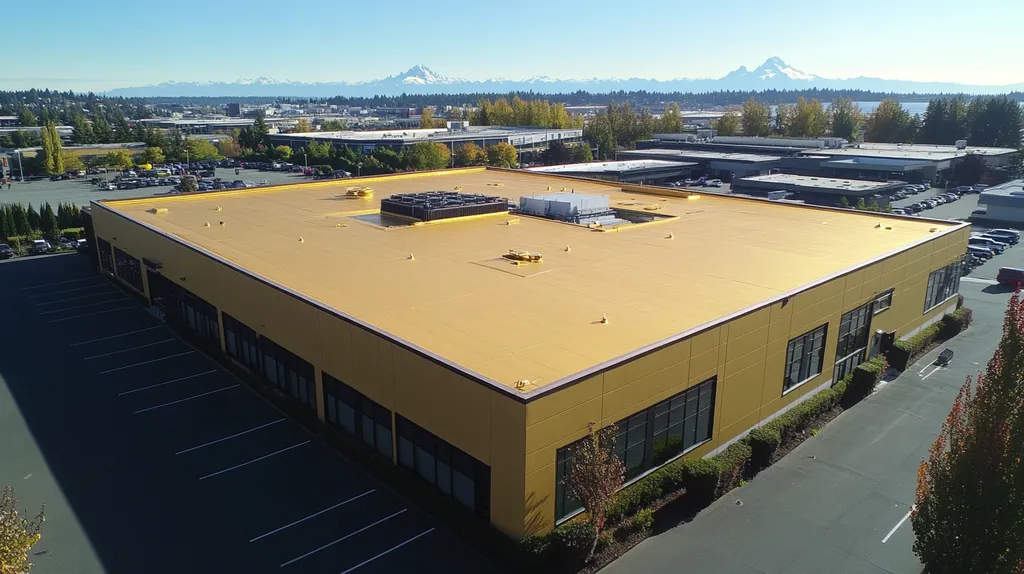 A commercial roof on a call center in a location similar to Seattle with a solid gold aesthetic (AI image)