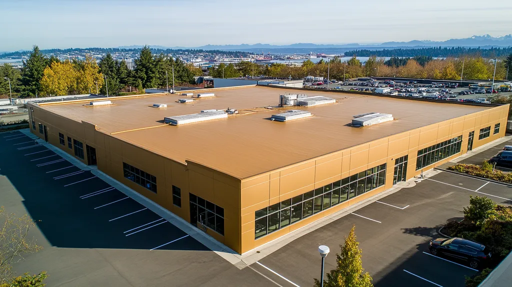 A commercial roof on a call center in a location similar to Seattle with a solid gold aesthetic (AI image)