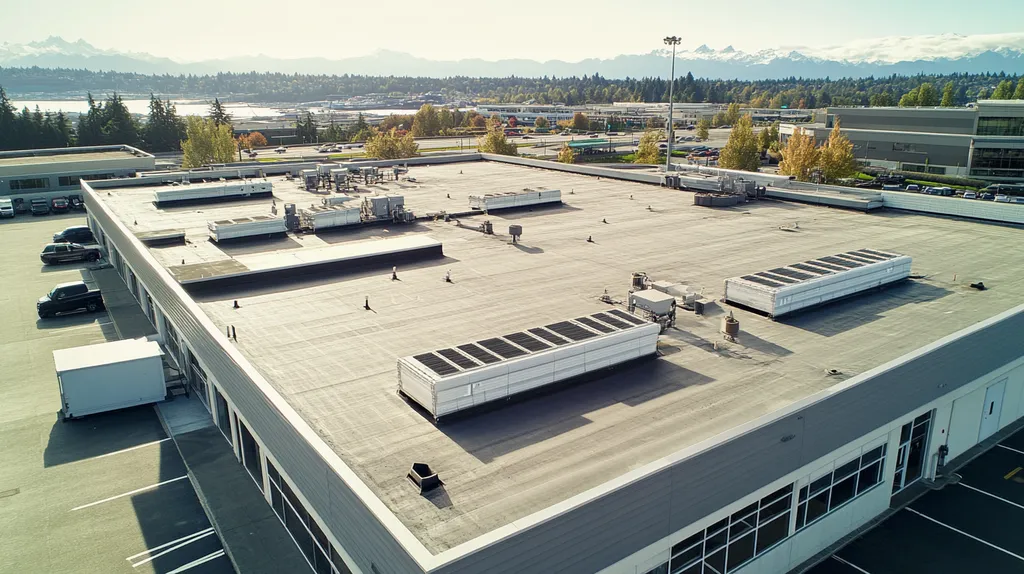 A commercial roof on a call center in a location similar to Seattle with an urban context aesthetic (AI image)