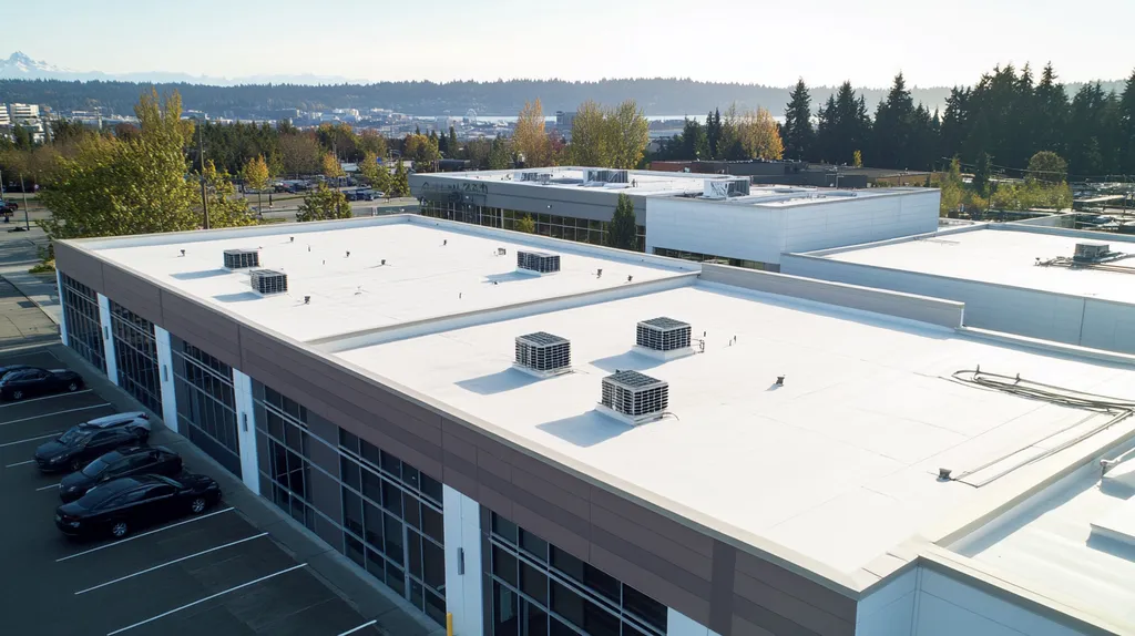A commercial roof on a call center in a location similar to Seattle with an urban context aesthetic (AI image)