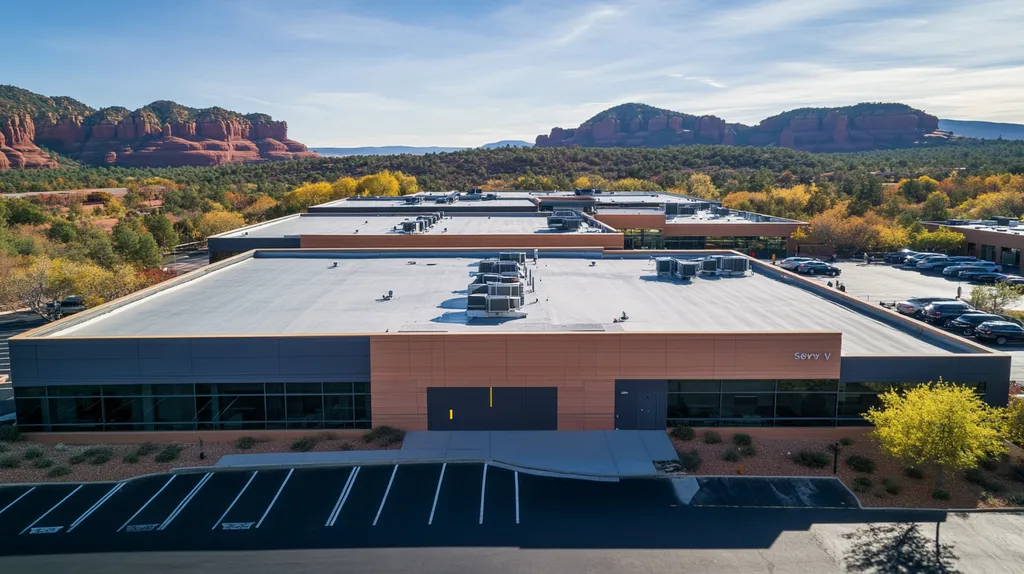 A commercial roof on a call center in a location similar to Sedona with an architectural photography aesthetic (AI image)