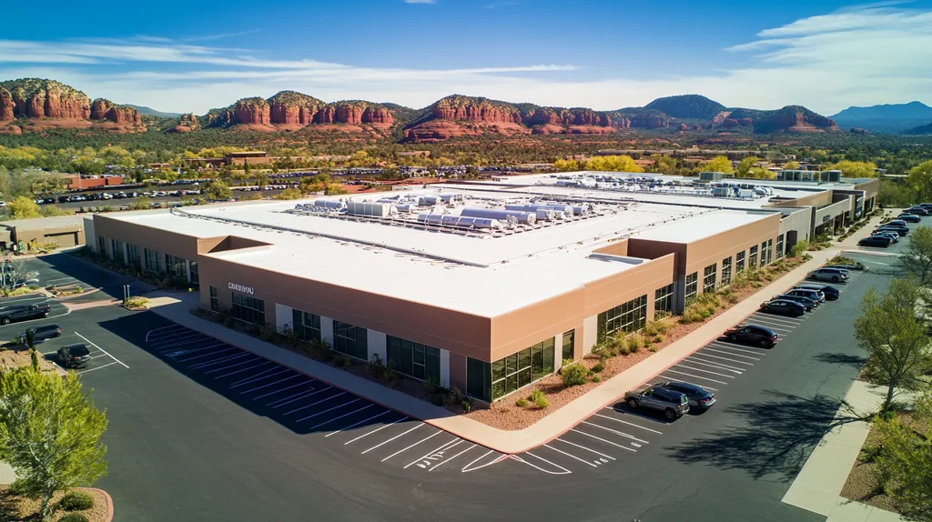 A commercial roof on a call center in a location similar to Sedona with an architectural photography aesthetic (AI image)