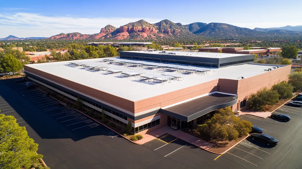 A commercial roof on a call center in a location similar to Sedona with an architectural photography aesthetic (AI image)