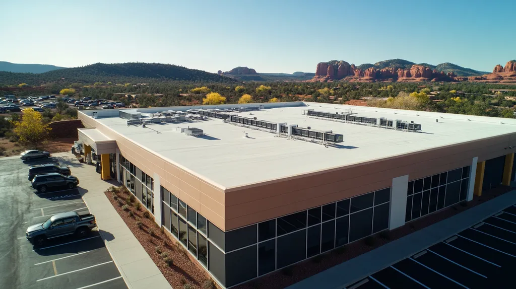 A commercial roof on a call center in a location similar to Sedona with an architectural photography aesthetic (AI image)