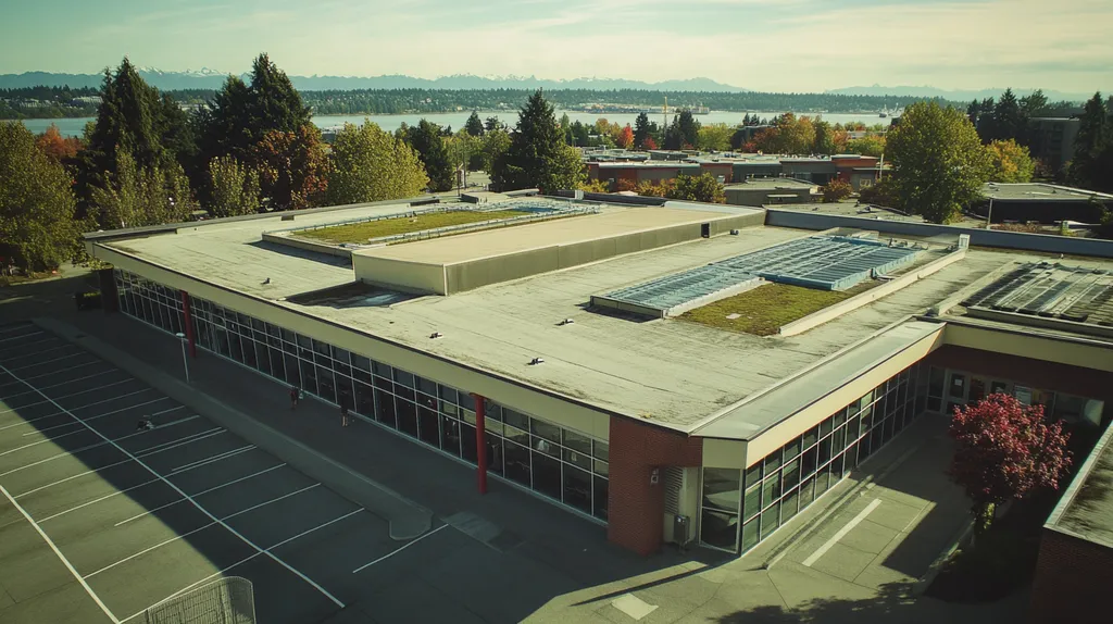 A commercial roof on a community recreation center in a location similar to Seattle with a Polaroid aesthetic (AI image)
