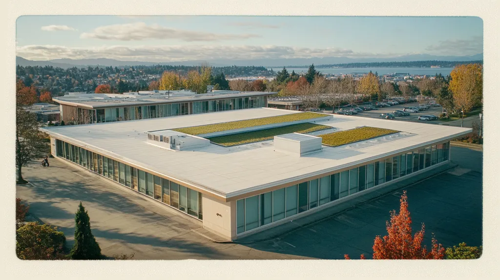 A commercial roof on a community recreation center in a location similar to Seattle with a Polaroid aesthetic (AI image)