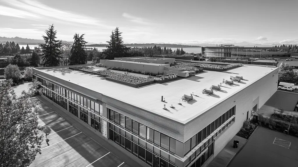 A commercial roof on a community recreation center in a location similar to Seattle with a black and white photography aesthetic (AI image)