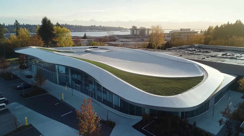 A commercial roof on a community recreation center in a location similar to Seattle with a futuristic aesthetic (AI image)