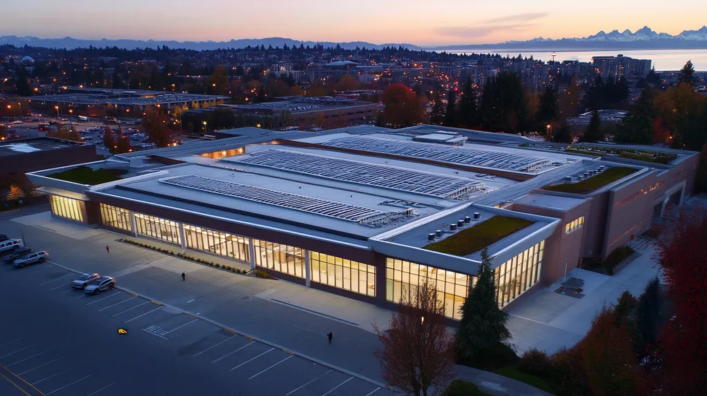 A commercial roof on a community recreation center in a location similar to Seattle with an illuminated nightscape aesthetic (AI image)