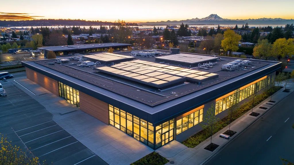 A commercial roof on a community recreation center in a location similar to Seattle with an illuminated nightscape aesthetic (AI image)