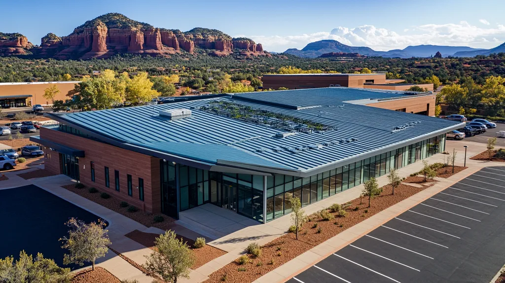 A commercial roof on a community recreation center in a location similar to Sedona with an architectural photography aesthetic (AI image)