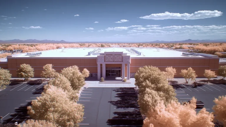 A commercial roof on a convention center in a location similar to Scottsdale with an infrared photography aesthetic (AI image)