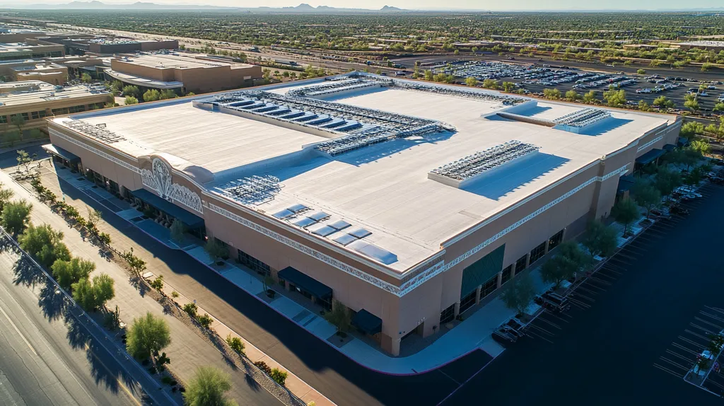 A commercial roof on a convention center in a location similar to Scottsdale with an urban context aesthetic (AI image)